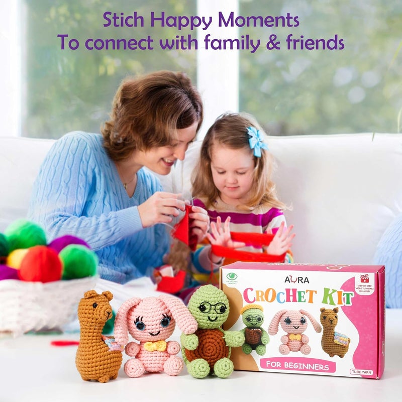 AURA Learn to Crochet Kit for Beginners Kids and Adults, Premium 3 Animal Pattern Large Size Beginner Crochet Kits with Easy Tube Yarn & Step-by-Step Video Tutorials (Safari Friends–Larger Plushies) - Image 3